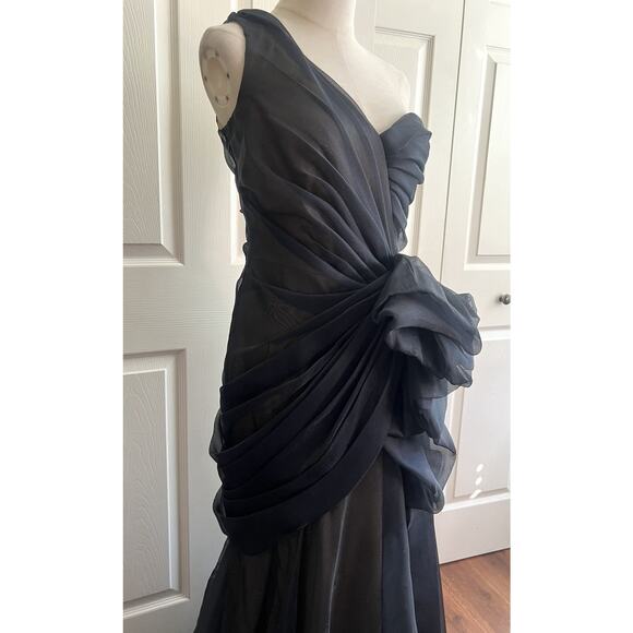 TADASHI SHOJI Black One Shoulder Pleated Tulle Long Formal Gown FLAW - Picture 4 of 16